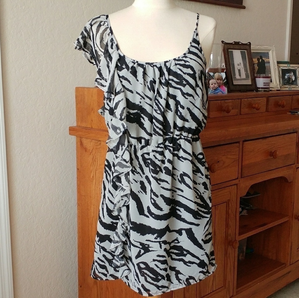Zebra Print Asymmetrical Ruffled Dress - Picture 2 of 8